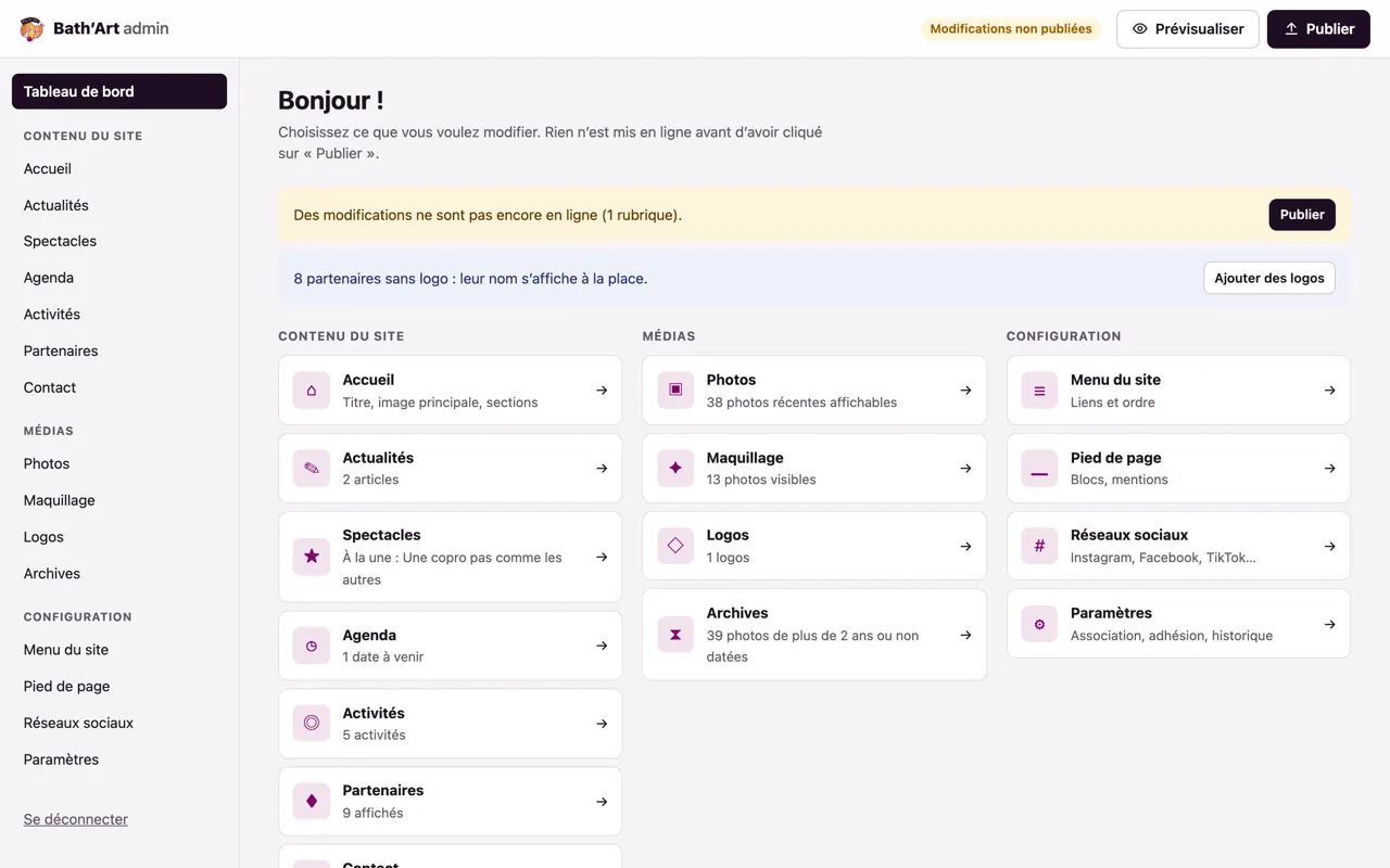Administration Bath’Art — Tout le site accessible en un clic, avec les alertes utiles.